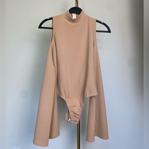 Long Sleeve Beige Bodysuit With Shoulder Cutouts